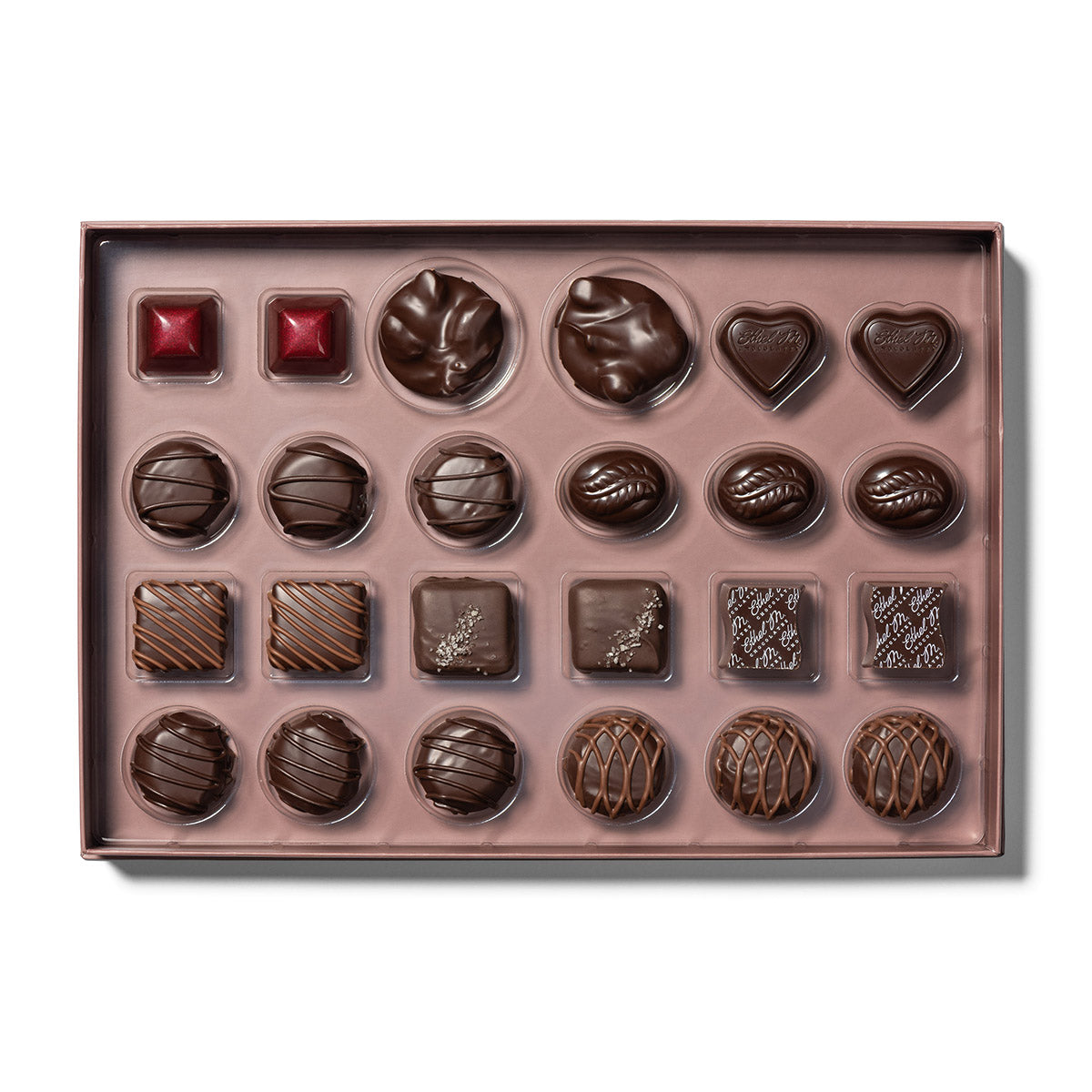 Delight on this 24 Piece Ethel M Chocolates Ultimate Assortment of the Finest Dark Chocolate coverings and Gourmet Fillings.