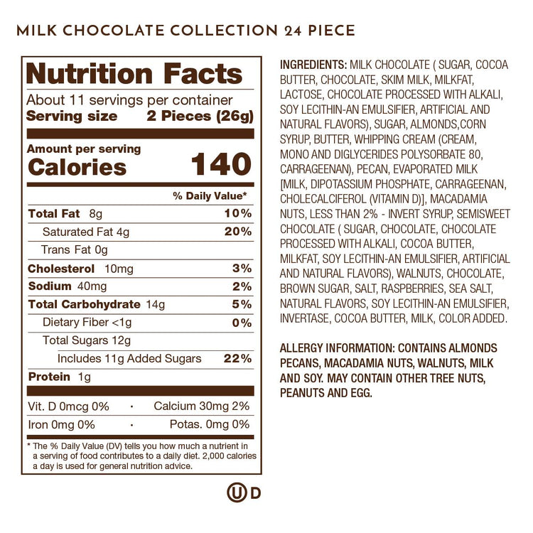 Nutrition Facts, Allergy and Ingredients Label on Milk Chocolate 24 Piece.