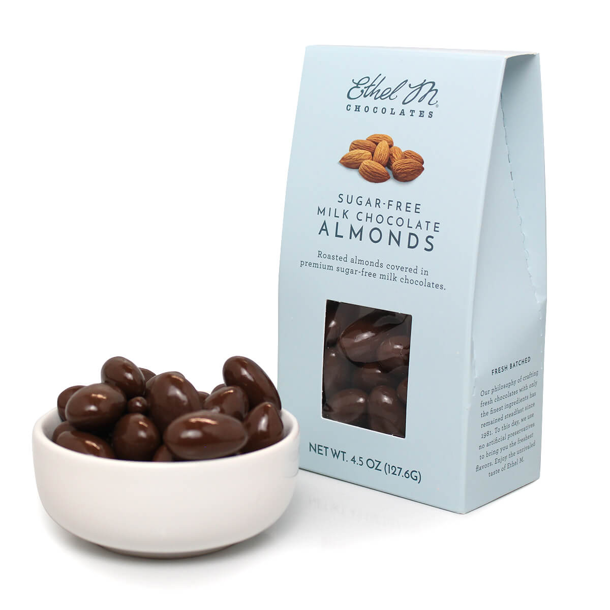 Enjoy Ethel M Chocolates Delicious Roasted Almonds covered in our Premium Sugar free Milk Chocolate.