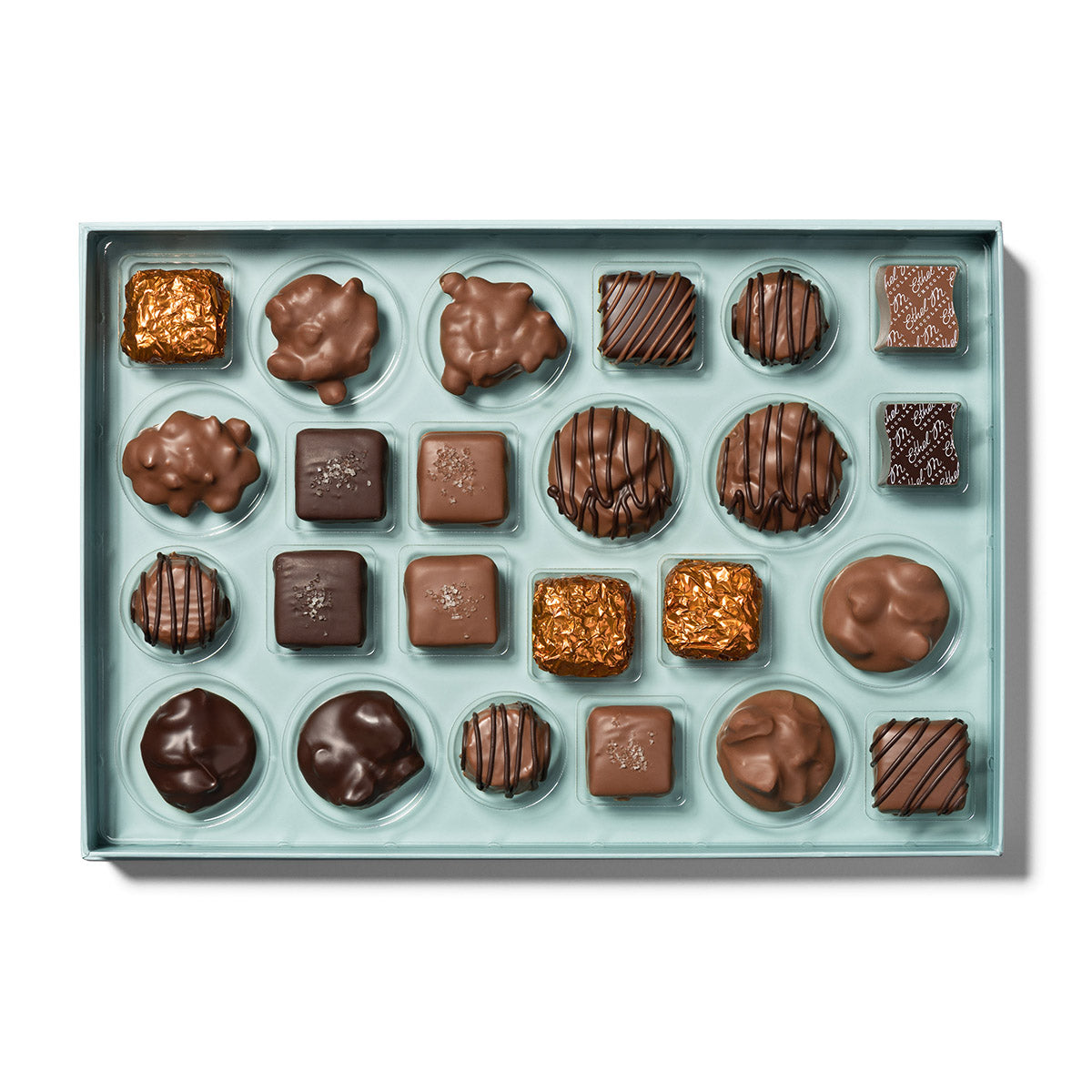 open tray of 24 piece nut and caramel collection