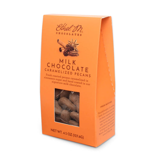Ethel M Chocolates Fresh roasted Pecans Caramelized in Cinnamon sugar and Hand coated in our Signature Milk Chocolate.