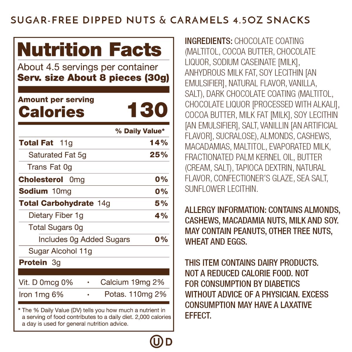 sugar free dipped nuts and caramels nutrition and ingredient label
