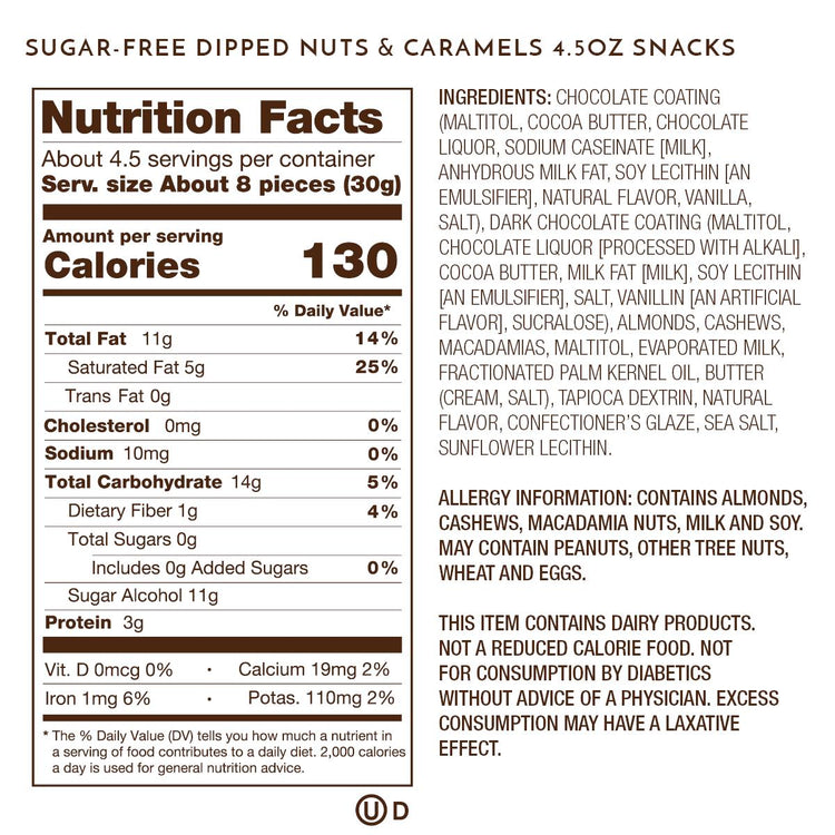 sugar free dipped nuts and caramels nutrition and ingredient label