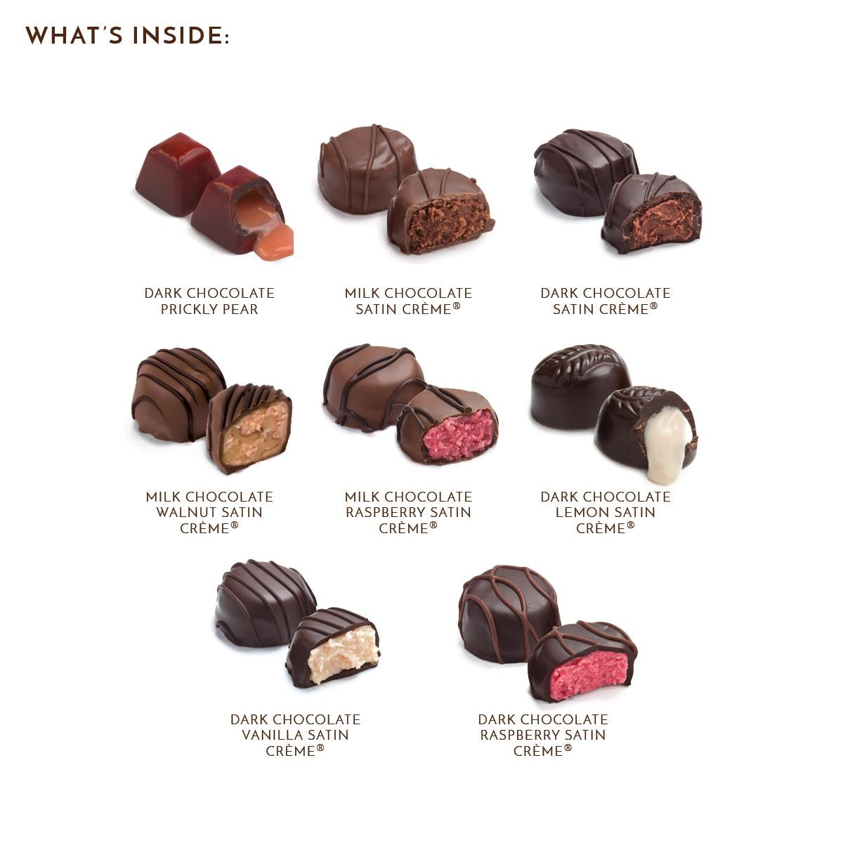 Ethel M Satin Crème Collection 12pc Chocolate Gift Box - What's Inside - Please call 1-800-438-4356 for more information