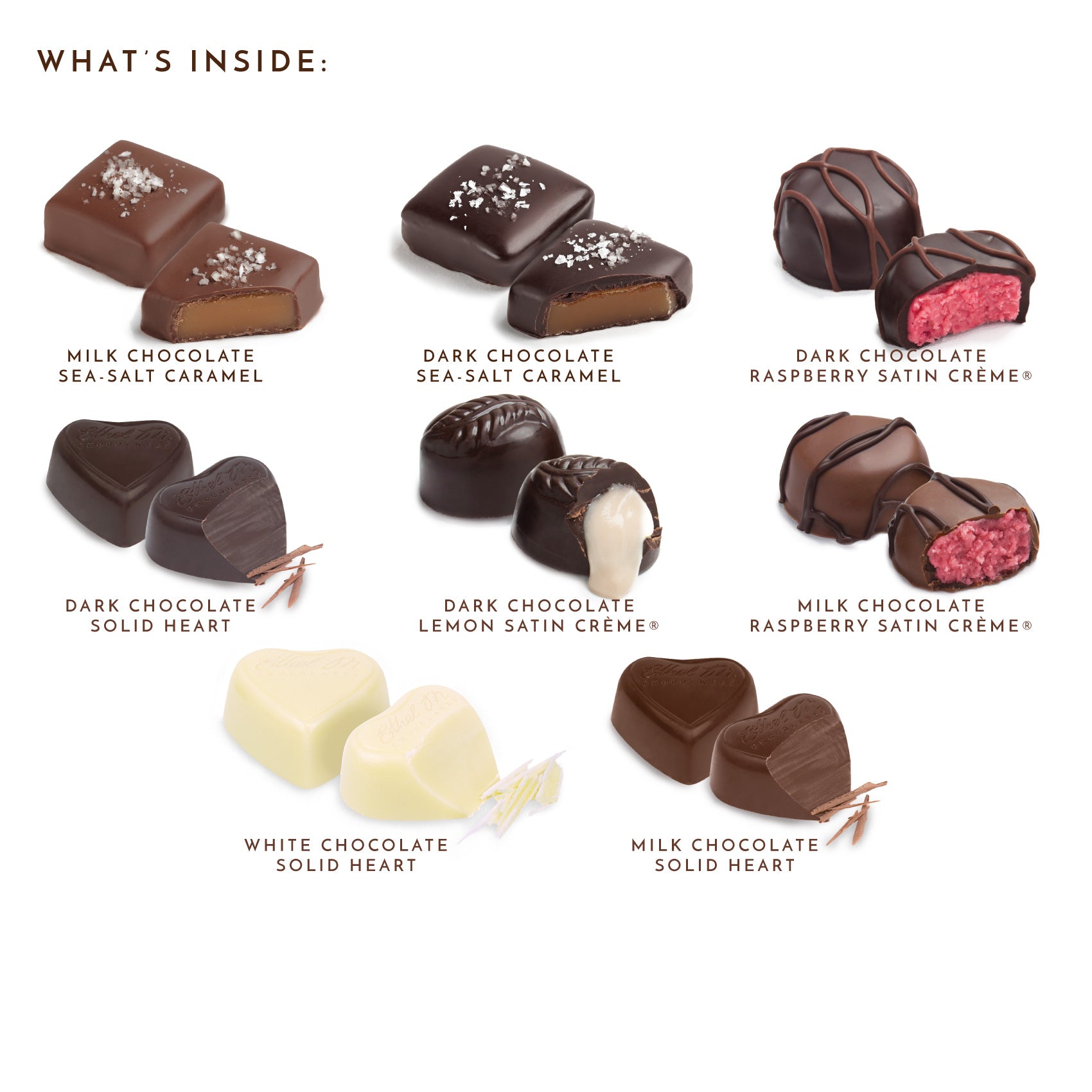 Ethel M Valentine's Day Small Heart Chocolate Gift Box - What's Inside - Please call 1-800-438-4356 for more information