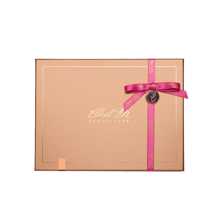 Ethel M Chocolates Custom Chocolate Box - 12-piece Copper Box with Pink Summer Ribbon Hero Image
