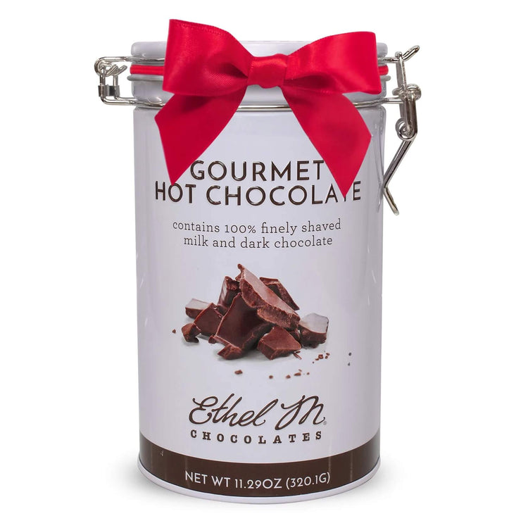 Ethel M Chocolates Gourmet Hot Chocolate Tin with Holiday Red Ribbon Hero Image